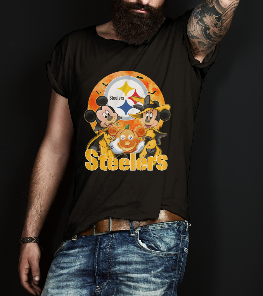 Steelers Mickey Mouse Minnie Mouse Halloween Pumpkin T-Shirt