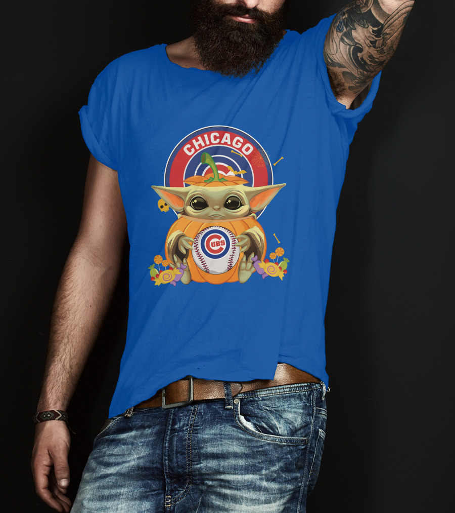Halloween Pumpkin Baby Yoda Chicago Cubs Baseball Theme T-Shirt
