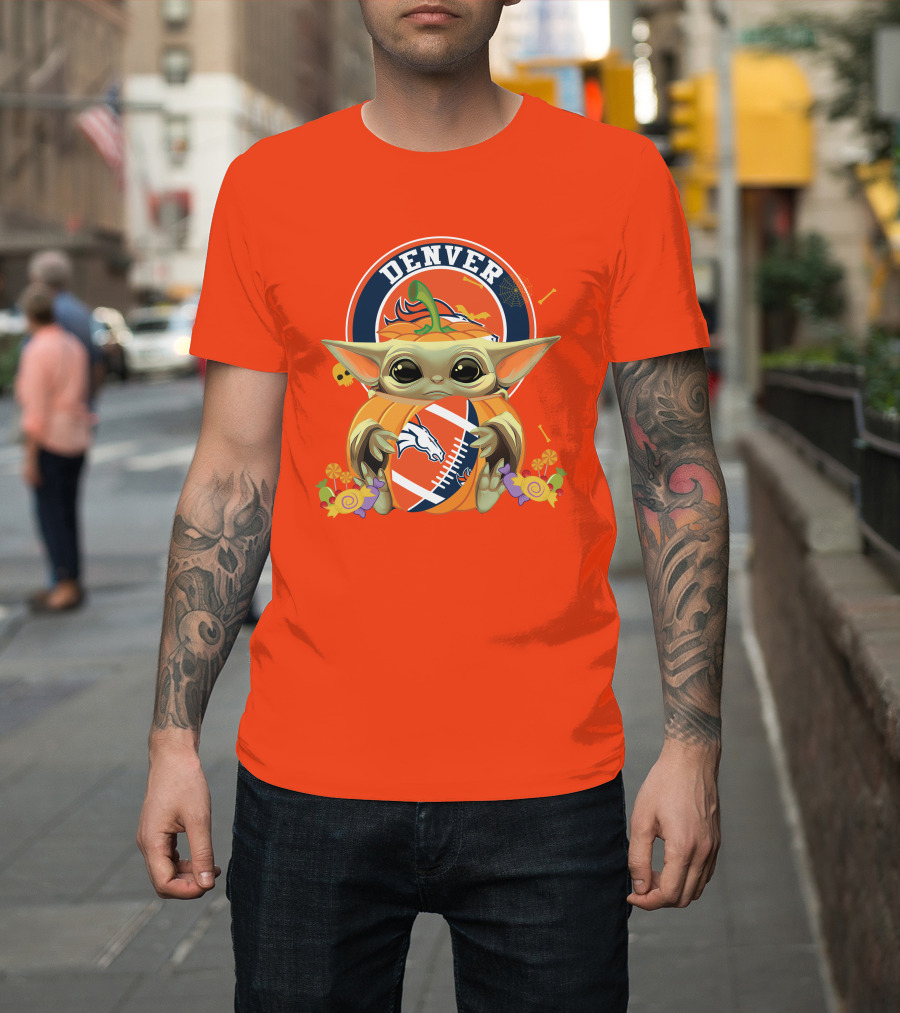 Halloween Pumpkin Baby Yoda Holding Denver Broncos Football Logo With Candy And Skulls T-Shirt