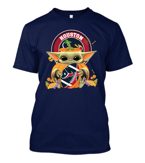 Halloween Pumpkin Baby Yoda Holding Houston Texans Logo Sphere T-Shirt