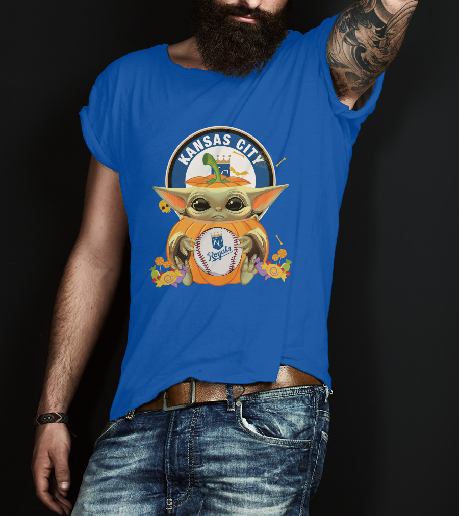 Halloween Pumpkin Baby Yoda Hug KC Royals Baseball T-Shirt