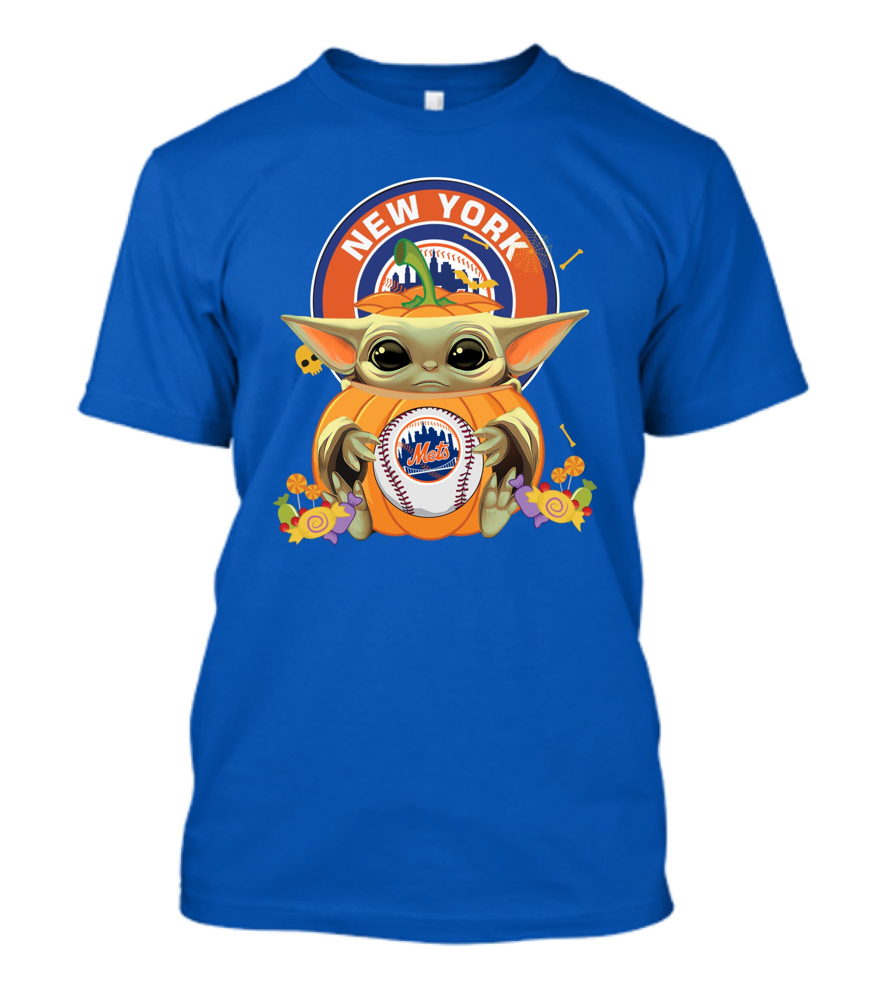 Halloween Pumpkin Baby Yoda Holding New York Mets Baseball With City Skyline T-Shirt