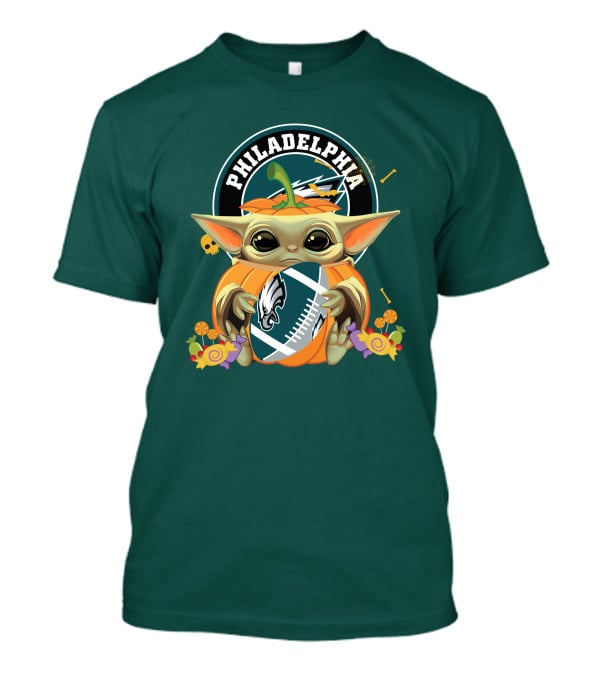 Halloween Pumpkin Baby Yoda Holding Philadelphia Eagles Football T-Shirt