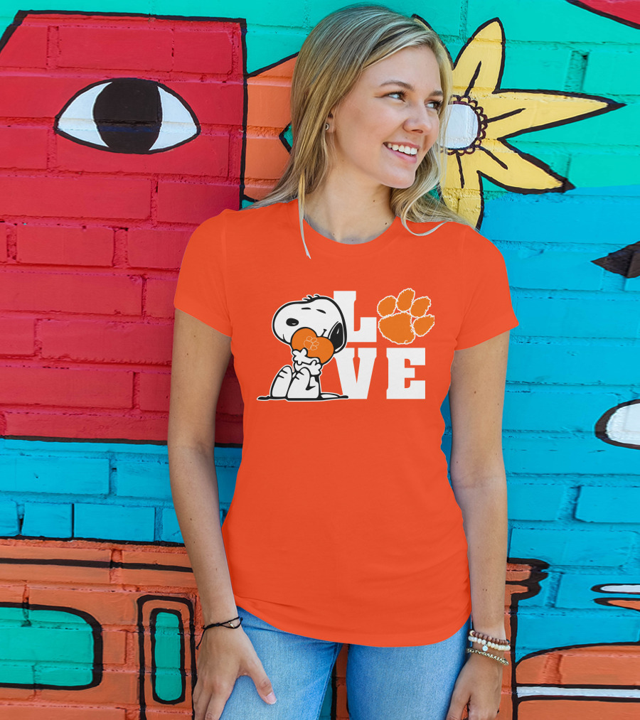 Snoopy Heart Love Clemson Tigers Paw Print T-Shirt