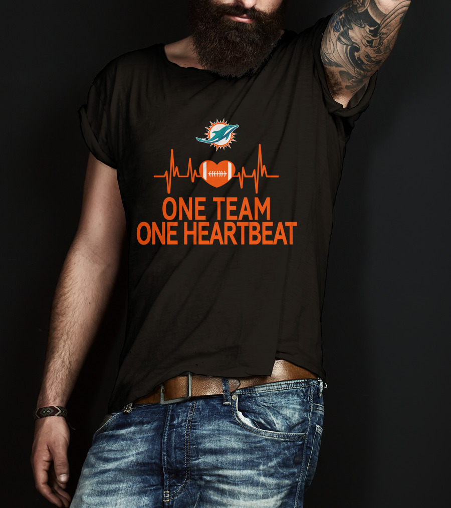 Miami Dolphins One Team One Heartbeat Football Heartbeat Line T-Shirt