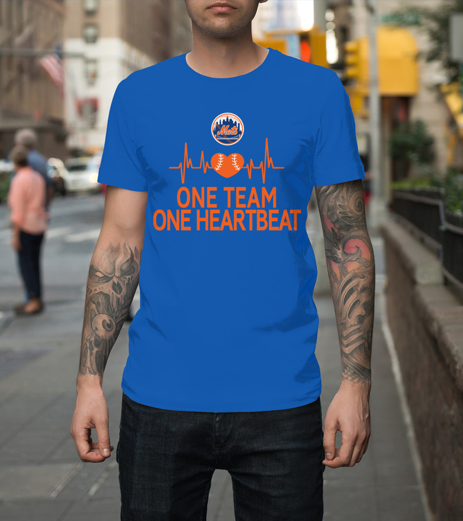 New York Mets One Team One Heartbeat Heartbeat Baseball T-Shirt