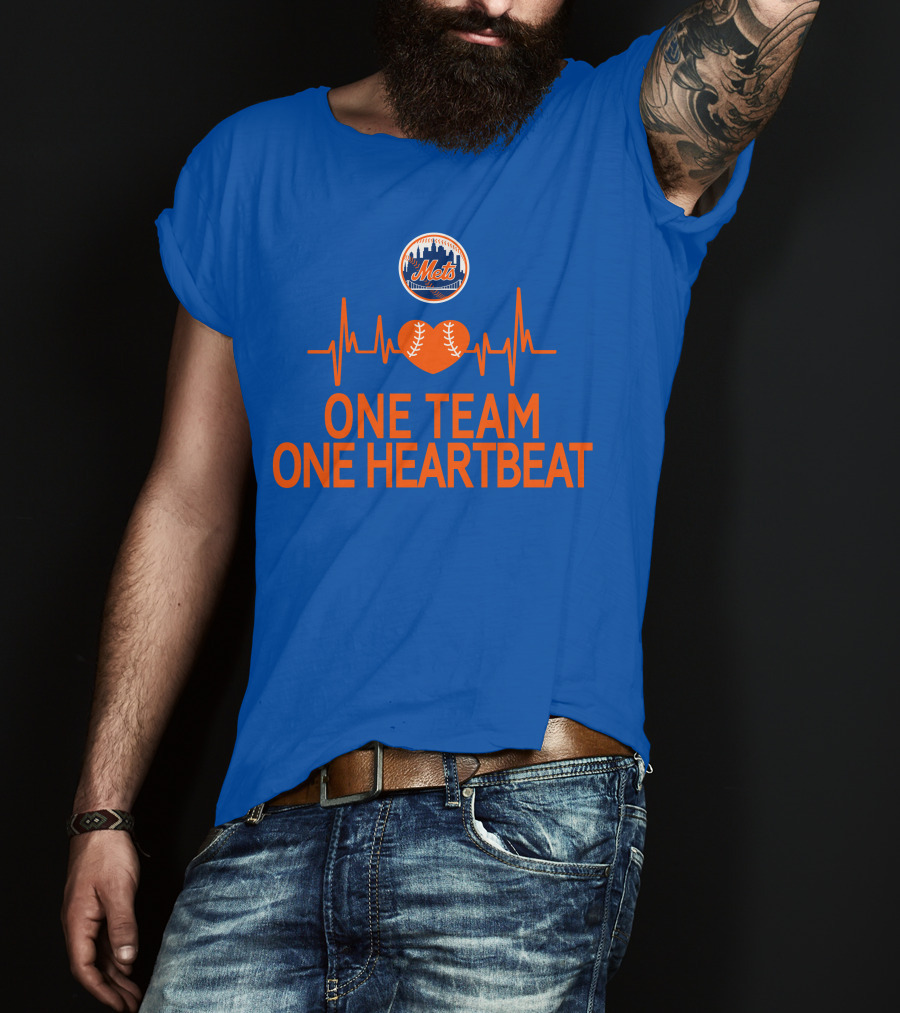 New York Mets One Team One Heartbeat Heartbeat Baseball T-Shirt