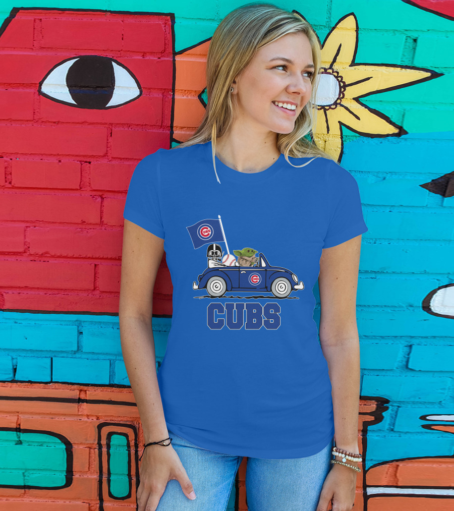 Chicago Cubs Darth Vader Baby Yoda Driving Star Wars Crossover T-Shirt