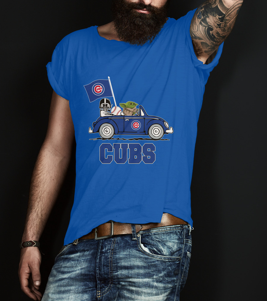 Chicago Cubs Darth Vader Baby Yoda Driving Star Wars Crossover T-Shirt
