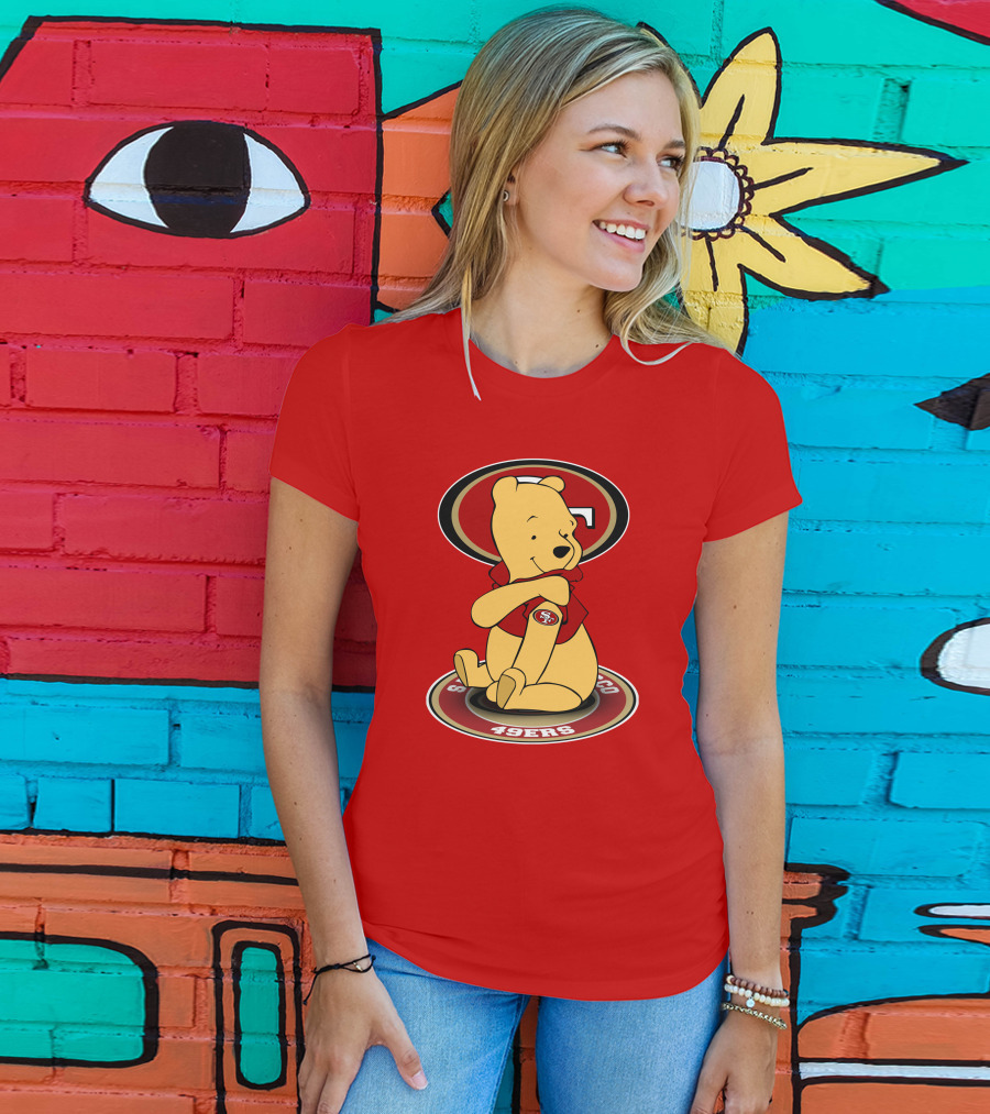 San Francisco 49ers Winnie The Pooh Logo Sitting With SF Patch T-Shirt