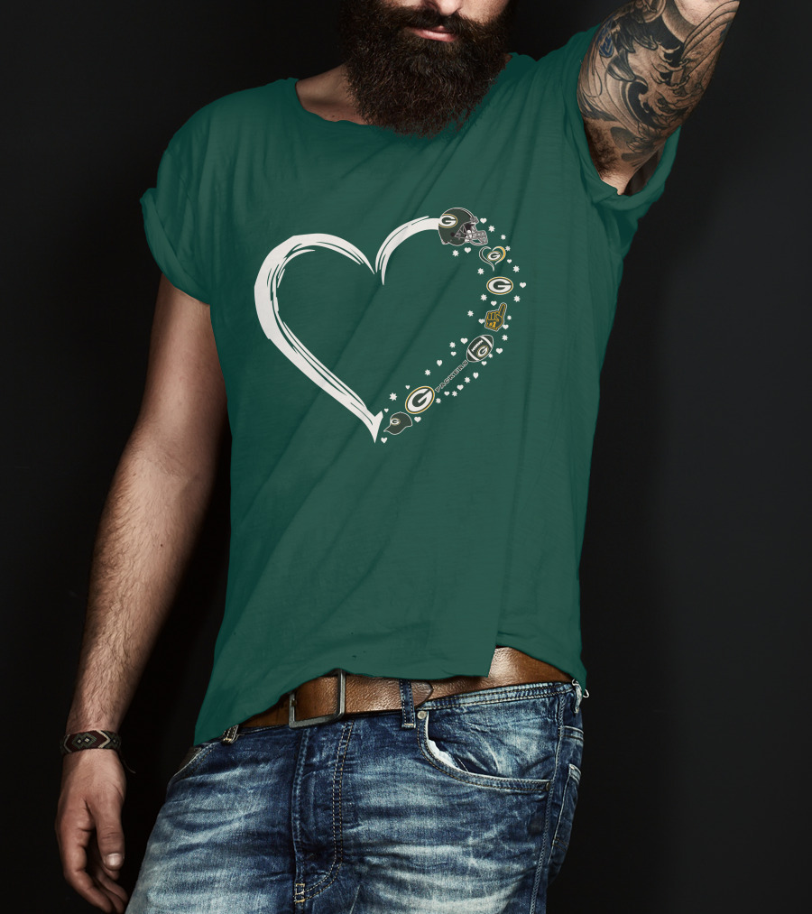 Green Bay Packers Heart With Logos And Helmet T-Shirt