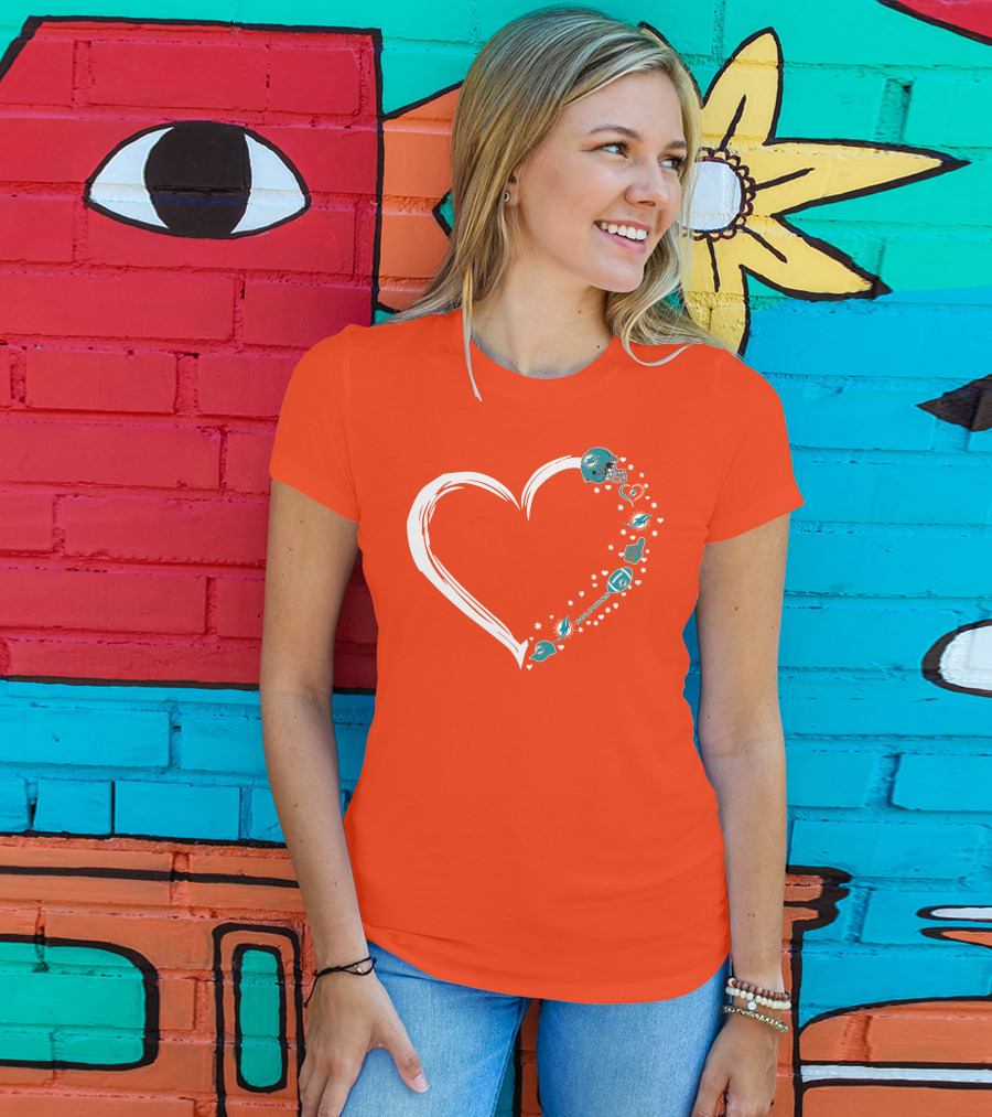 Miami Dolphins Heart Design With Helmets T-Shirt