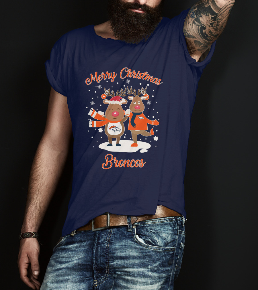 Merry Christmas Broncos Reindeer Snowflakes T-Shirt