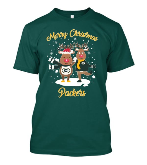 Merry Christmas Packers Reindeer With Green Bay Logo Winter Scene T-Shirt