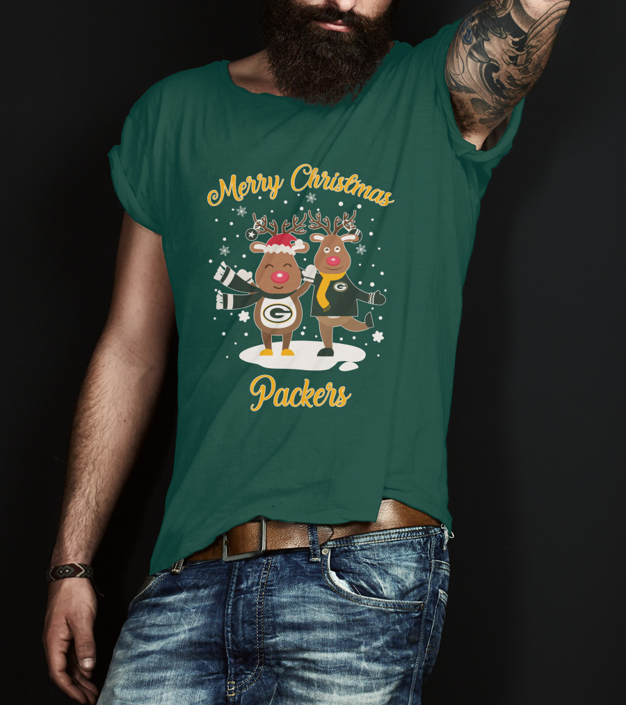 Merry Christmas Packers Reindeer With Green Bay Logo Winter Scene T-Shirt