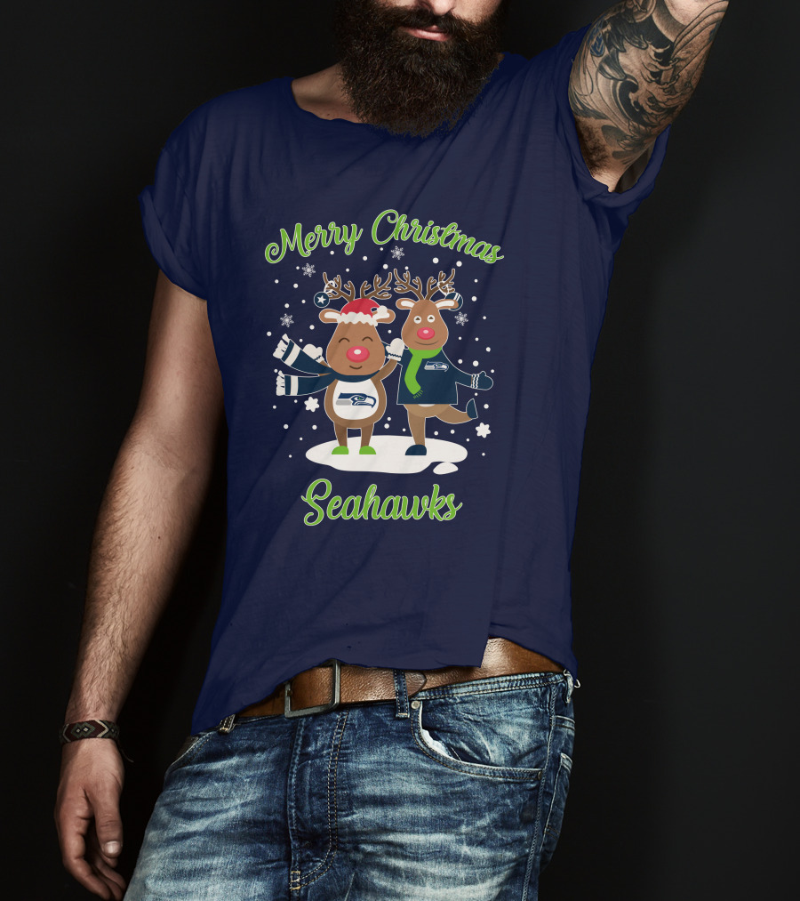 Merry Christmas Seattle Seahawks Reindeer Sweater Festive T-Shirt