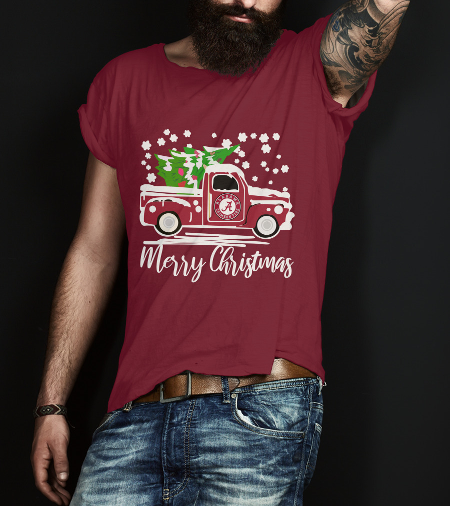 Merry Christmas Alabama Crimson Tide Vintage Truck Snowy Tree T-Shirt