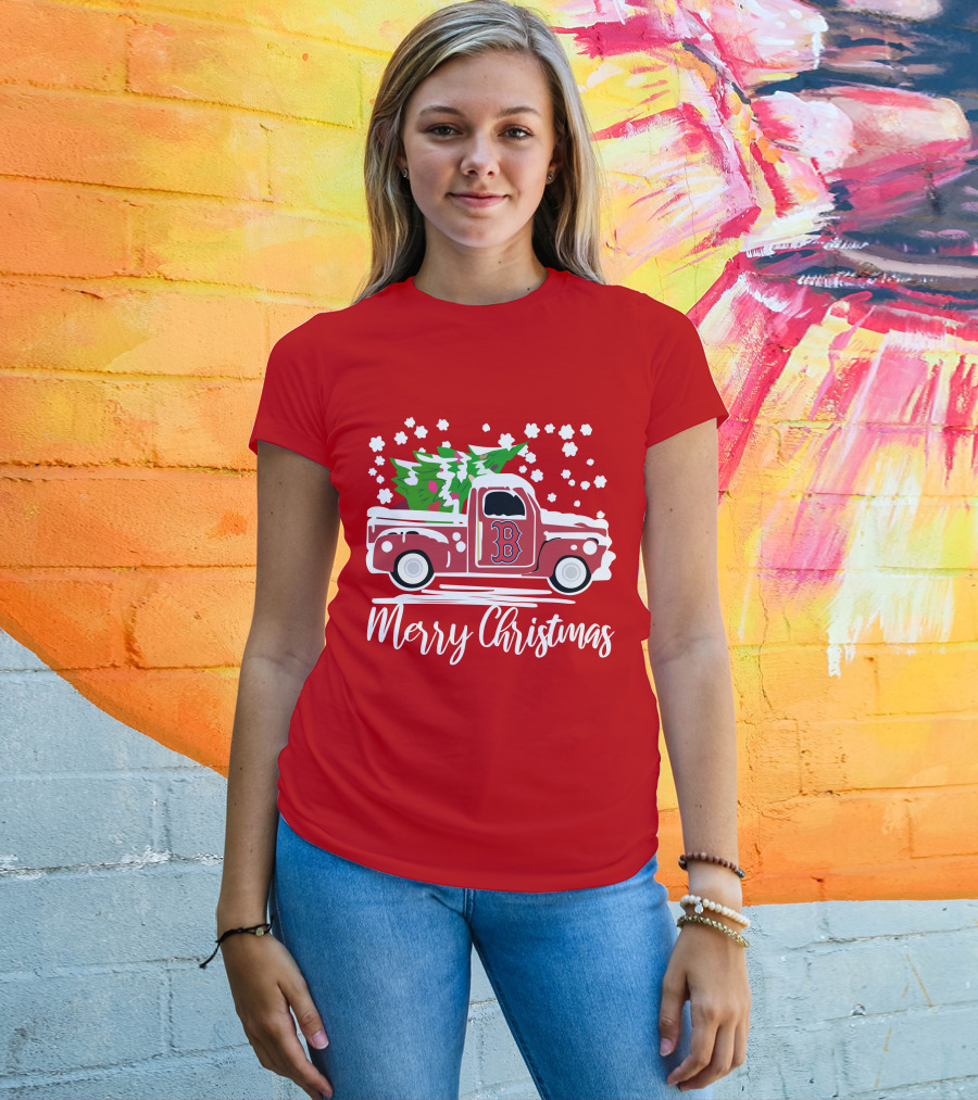 Boston Red Sox B Vintage Car Merry Christmas Tree Snowflakes T-Shirt