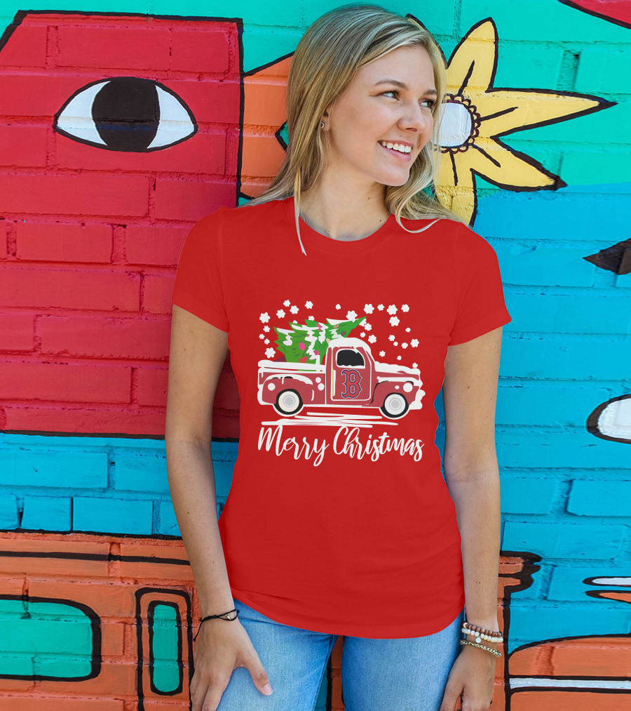 Boston Red Sox B Vintage Car Merry Christmas Tree Snowflakes T-Shirt