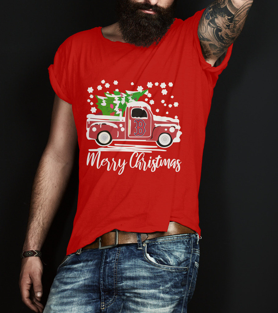 Boston Red Sox B Vintage Car Merry Christmas Tree Snowflakes T-Shirt