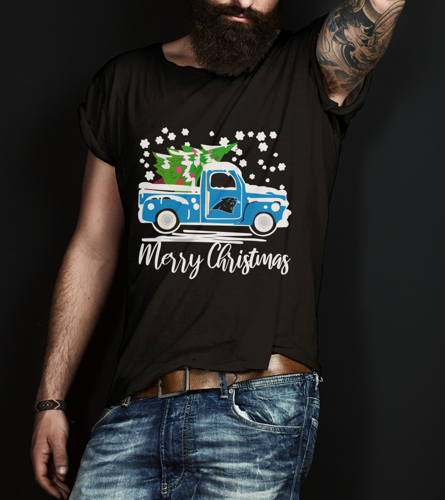 Carolina Panthers Vintage Truck Merry Christmas Snowflakes Tree T-Shirt
