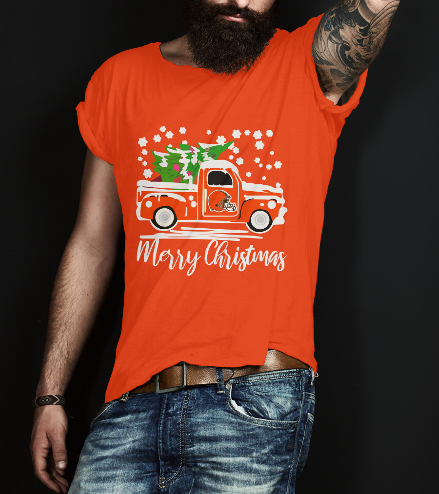 Cleveland Browns Merry Christmas Vintage Car With Christmas Tree T-Shirt