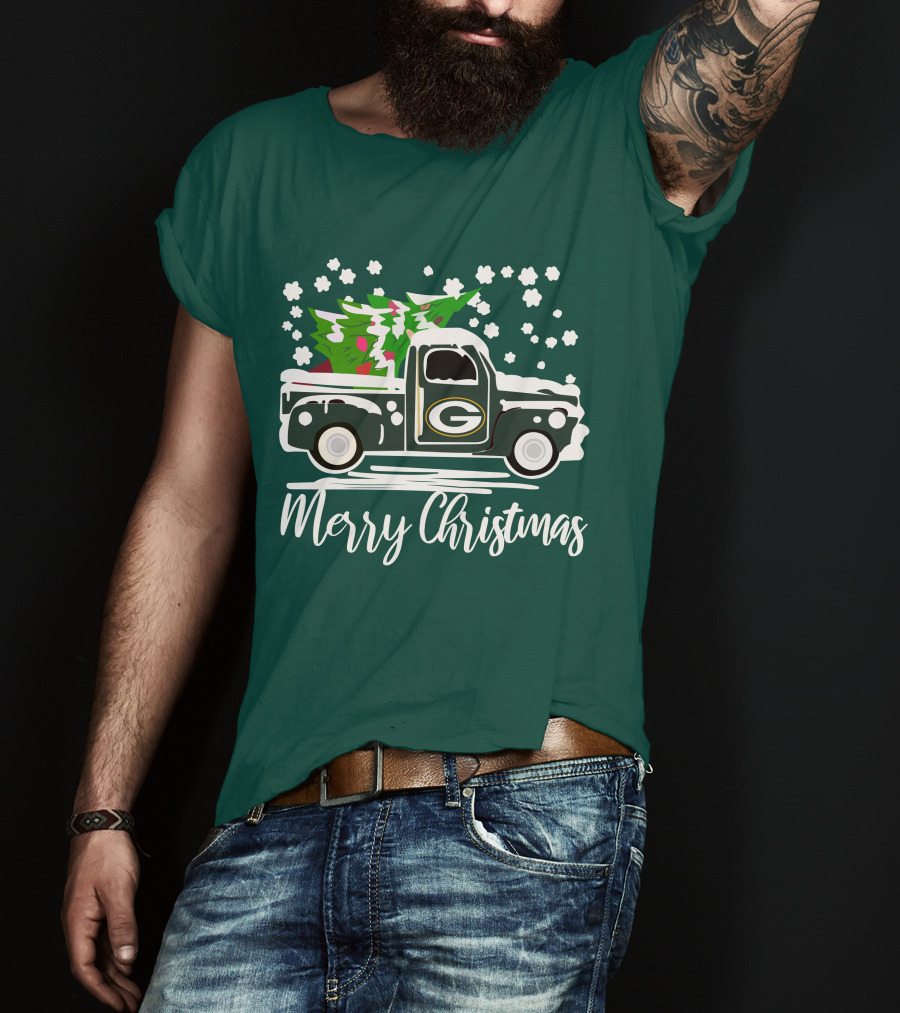 Green Bay Packers Vintage Truck With Christmas Tree Merry Christmas T-Shirt