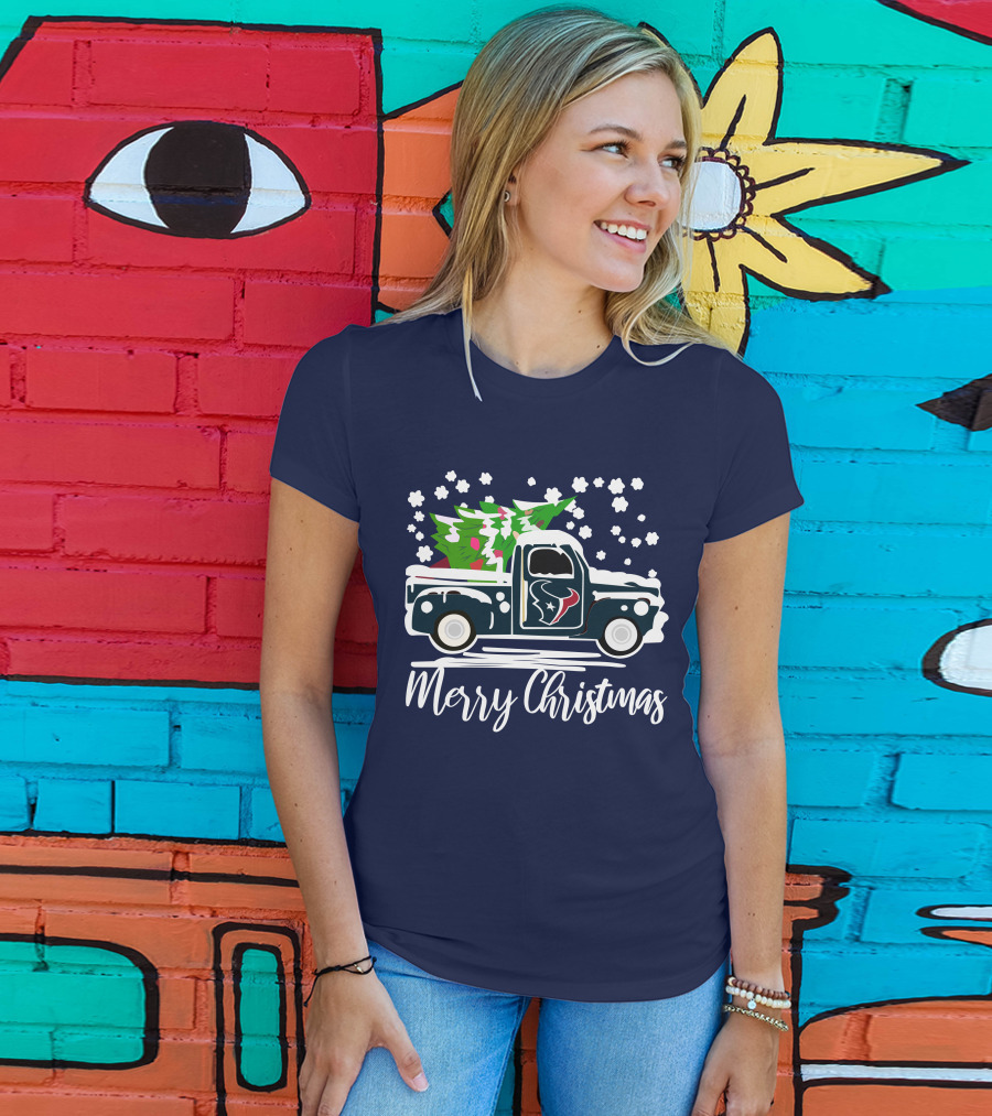 Houston Texans Merry Christmas Vintage Car With Christmas Tree T-Shirt