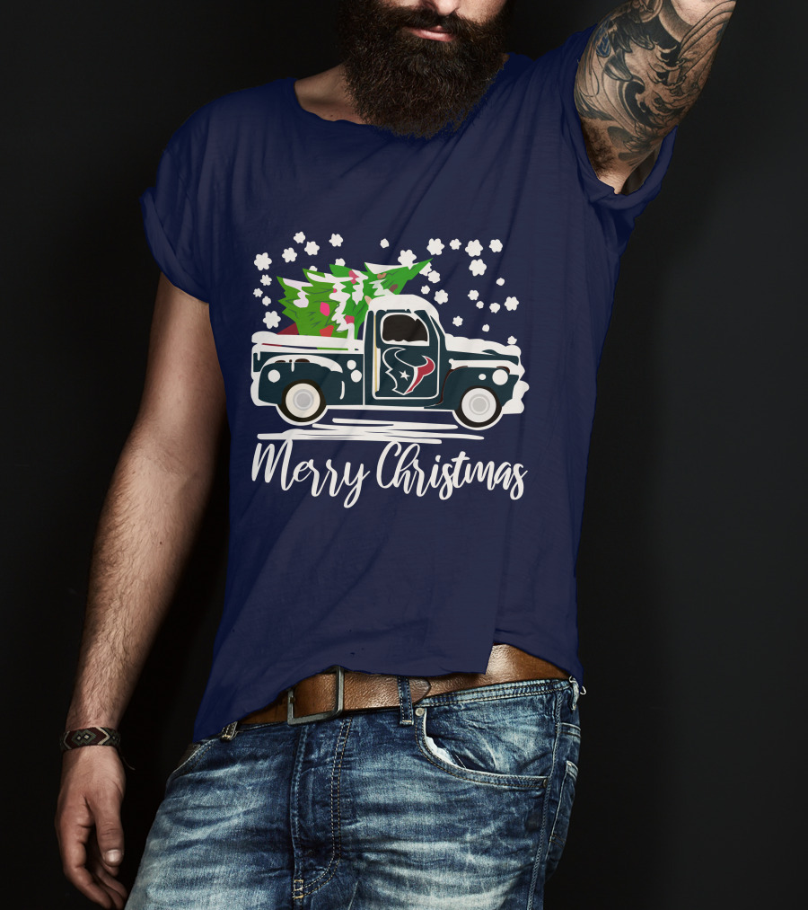 Houston Texans Merry Christmas Vintage Car With Christmas Tree T-Shirt
