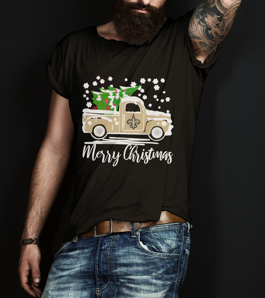New Orleans Saints Vintage Car Merry Christmas Tree Snowflakes T-Shirt