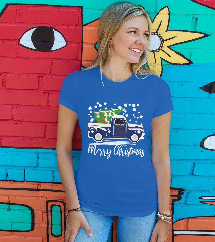 Merry Christmas New York Giants Vintage Car Snowflakes Holiday T-Shirt