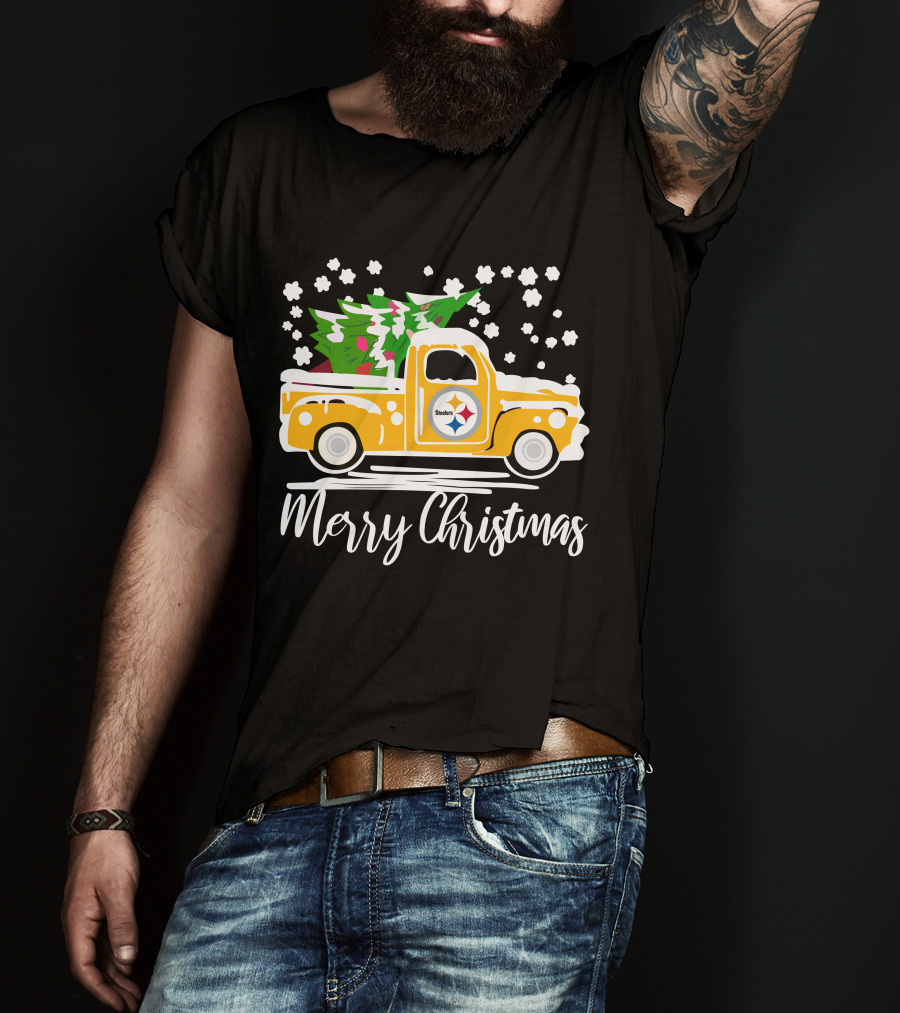 Pittsburgh Steelers Merry Christmas Vintage Car With Christmas Tree T-Shirt
