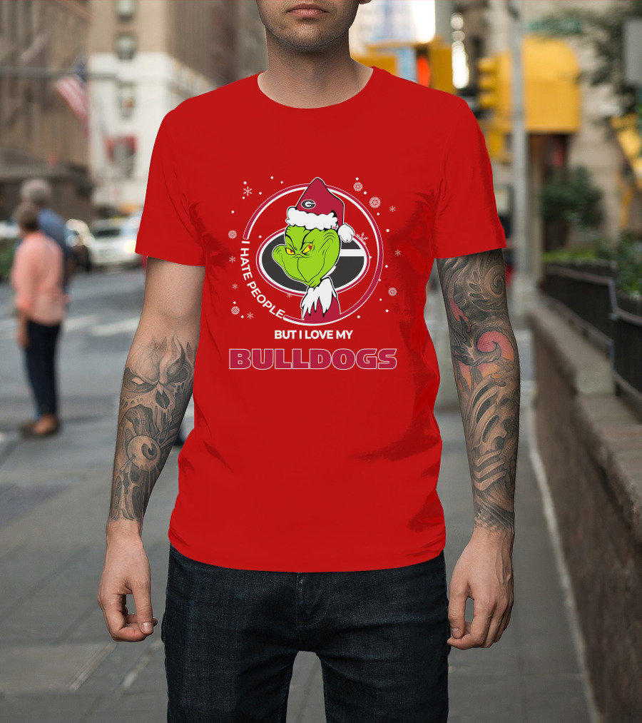 Christmas Grinch Santa I Hate People But I Love My Bulldogs Georgia T-Shirt