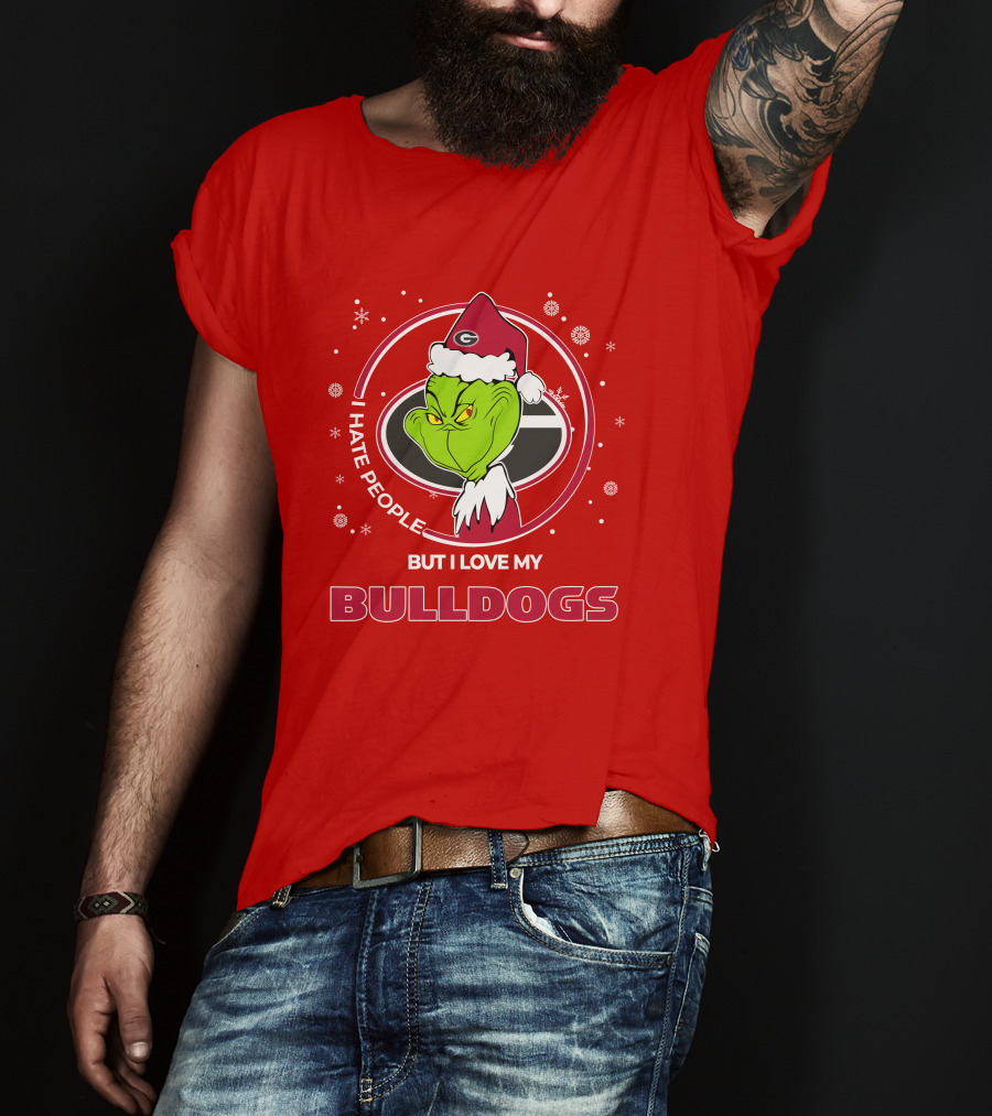 Christmas Grinch Santa I Hate People But I Love My Bulldogs Georgia T-Shirt