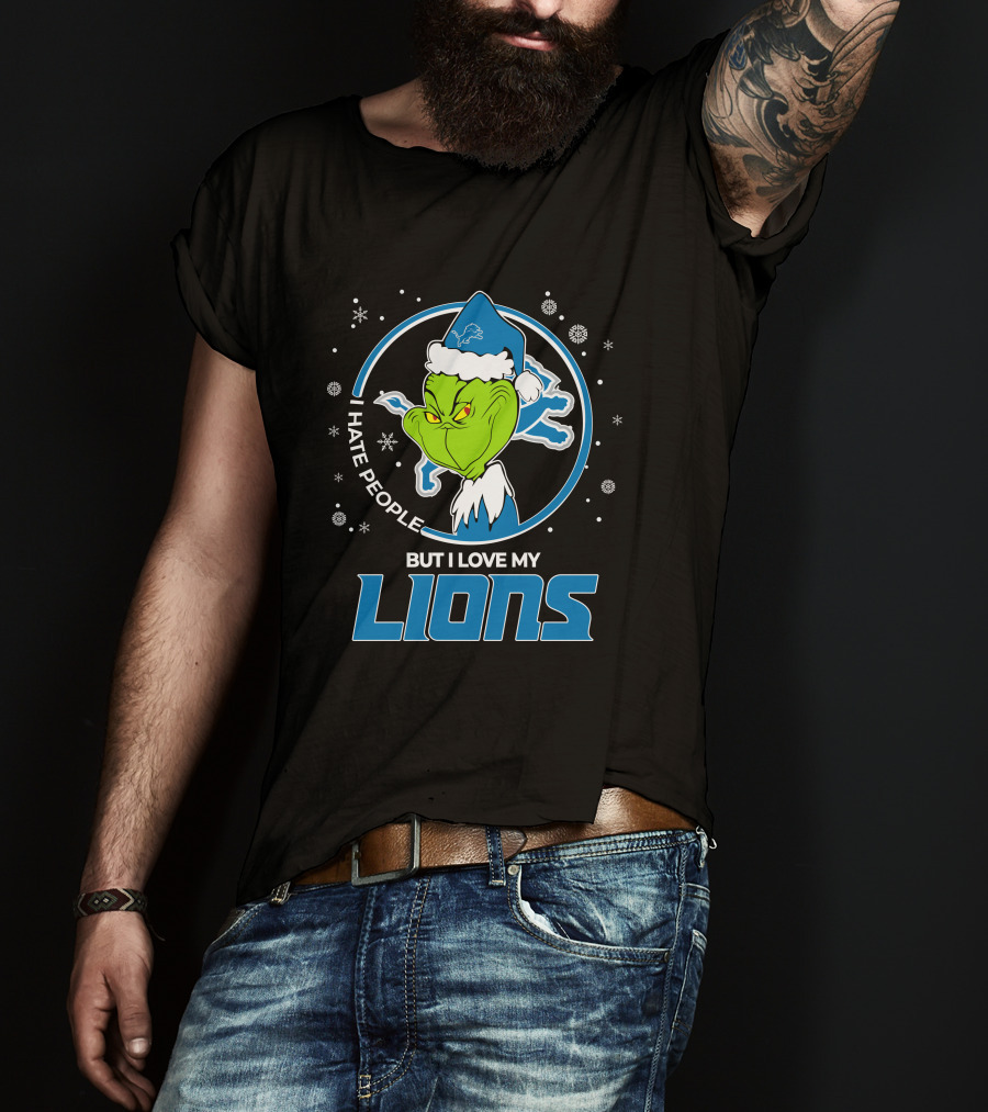 I Hate People But I Love My Detroit Lions Grinch Santa Christmas T-Shirt