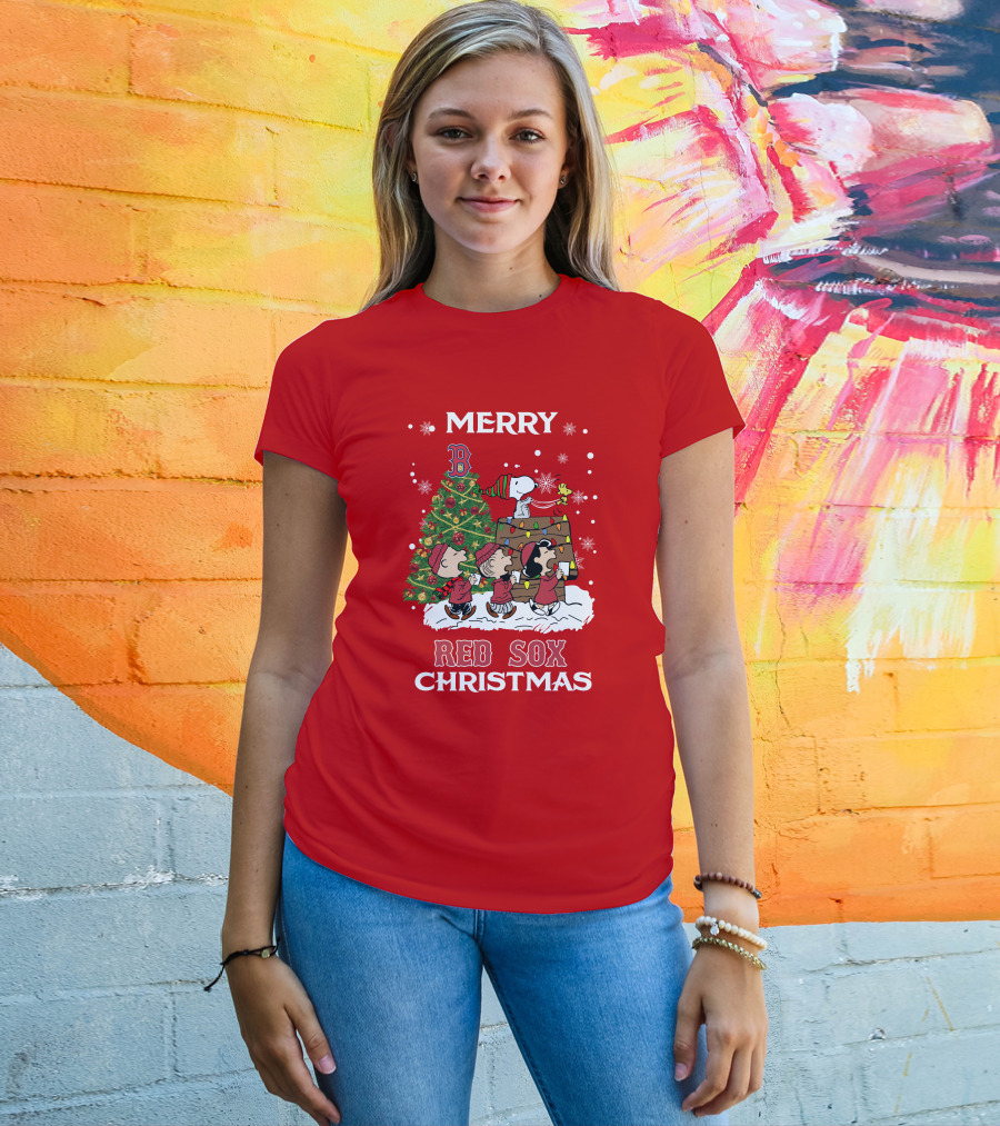 Merry Red Sox Christmas Tree With Snoopy And Friends T-Shirt