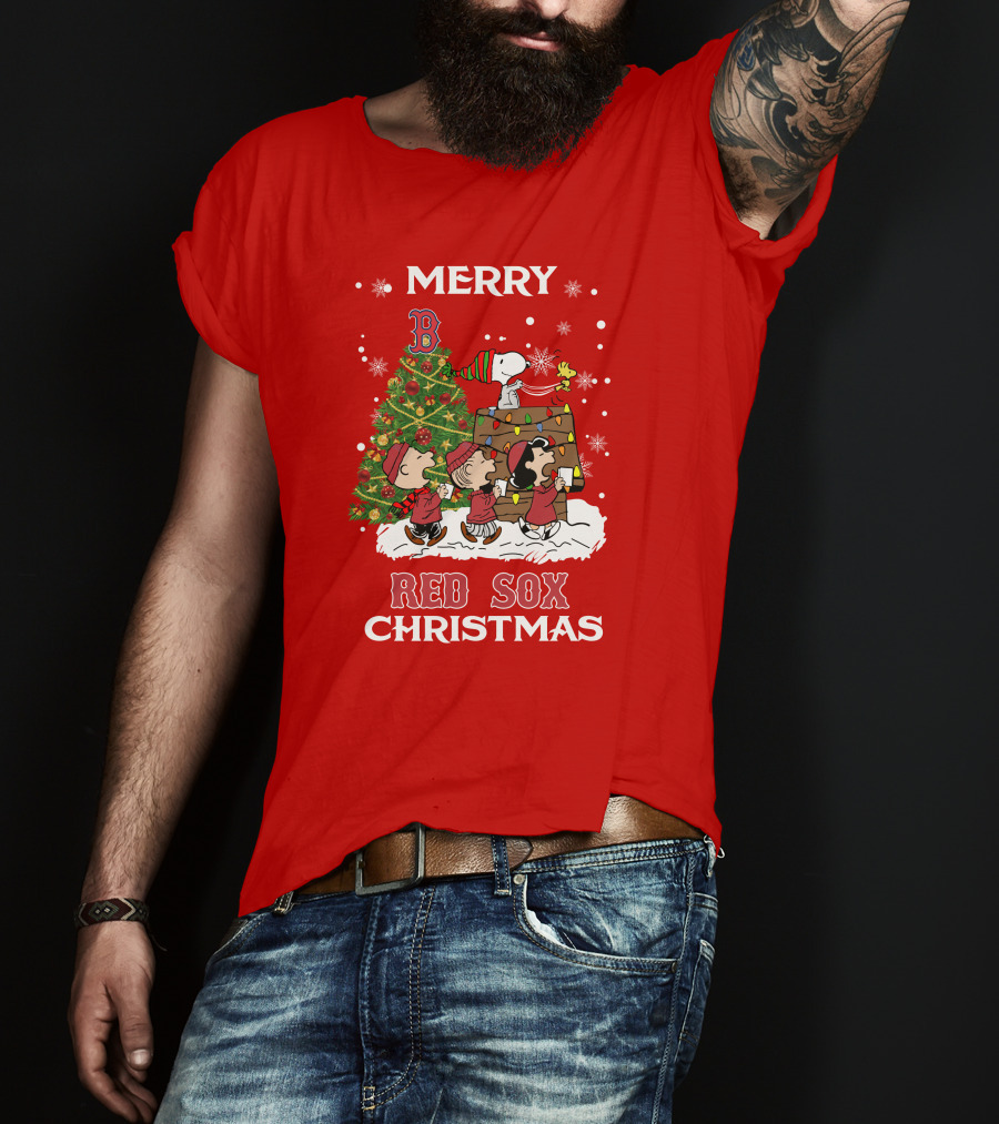 Merry Red Sox Christmas Tree With Snoopy And Friends T-Shirt