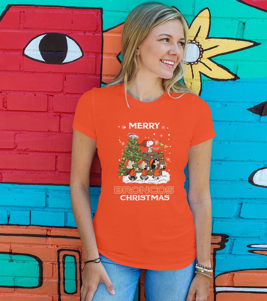 Merry Broncos Christmas Peanuts Tree Theme T-Shirt