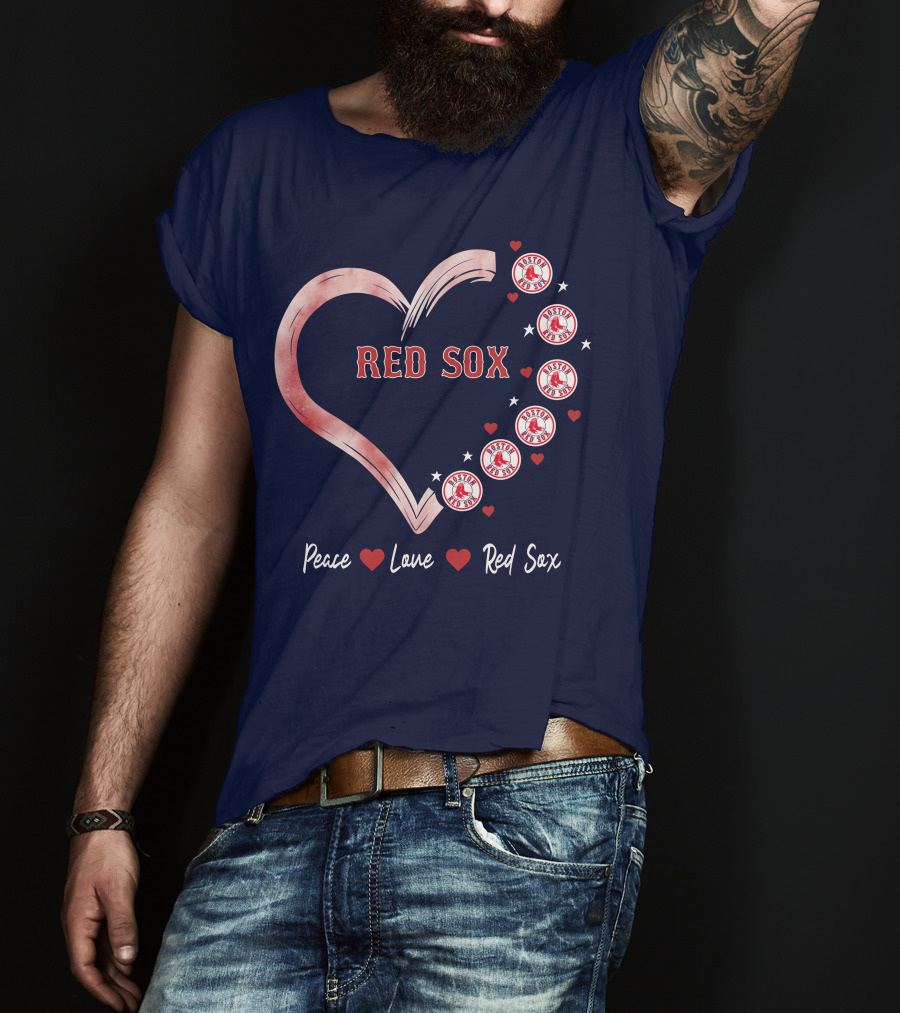 Peace Love Red Sox Heart With Boston Red Sox Logos And Stars T-Shirt
