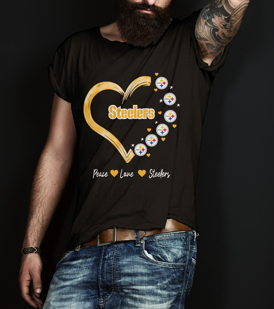 Peace Love Steelers Heart Filled With Pittsburgh Steelers Logos And Stars T-Shirt