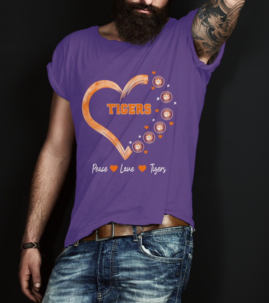 Peace Love Clemson Football Tigers Heart Paw Prints T-Shirt