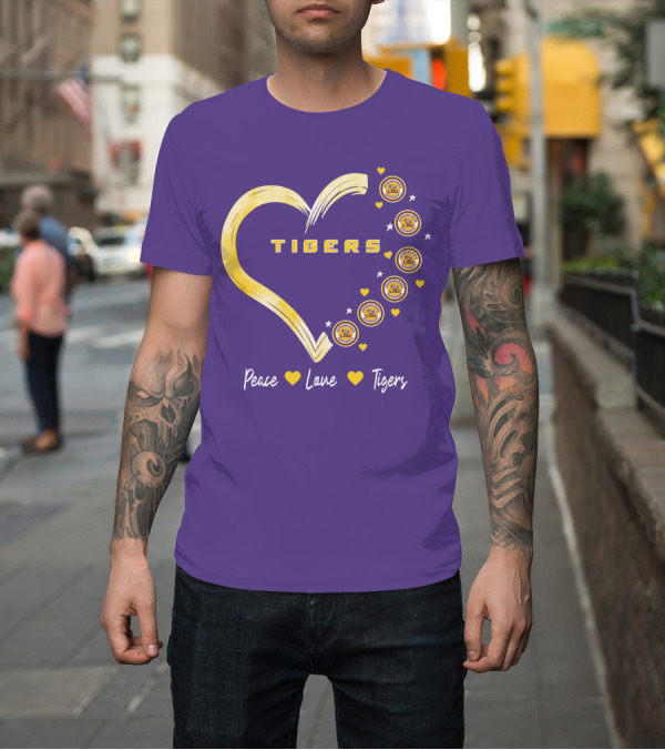 Shirt: Peace Love LSU Tigers Heart Design with Logo Elements T-Shirt Peace Love LSU Tigers Heart Design with Logo Elements T-Shirt