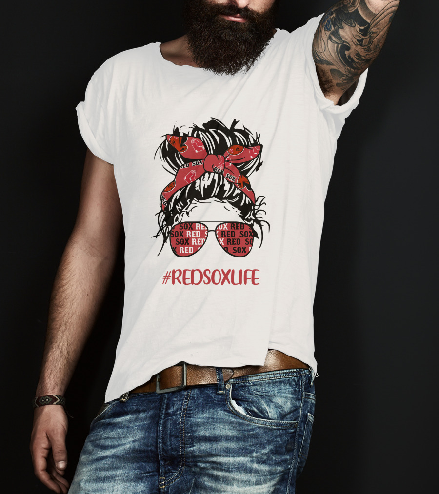 Boston Red Sox Messy Bun Girl With Headband Glasses #Redsoxlife T-Shirt