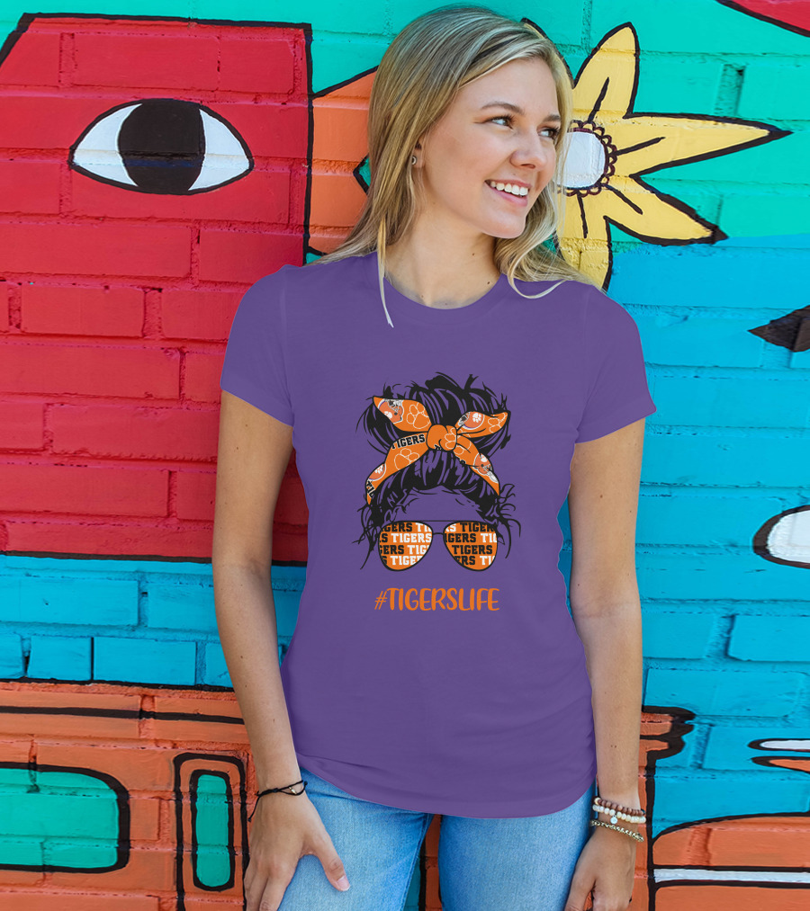 TigersLife Clemson Tigers Messy Bun Girl With Headband And Glasses T-Shirt