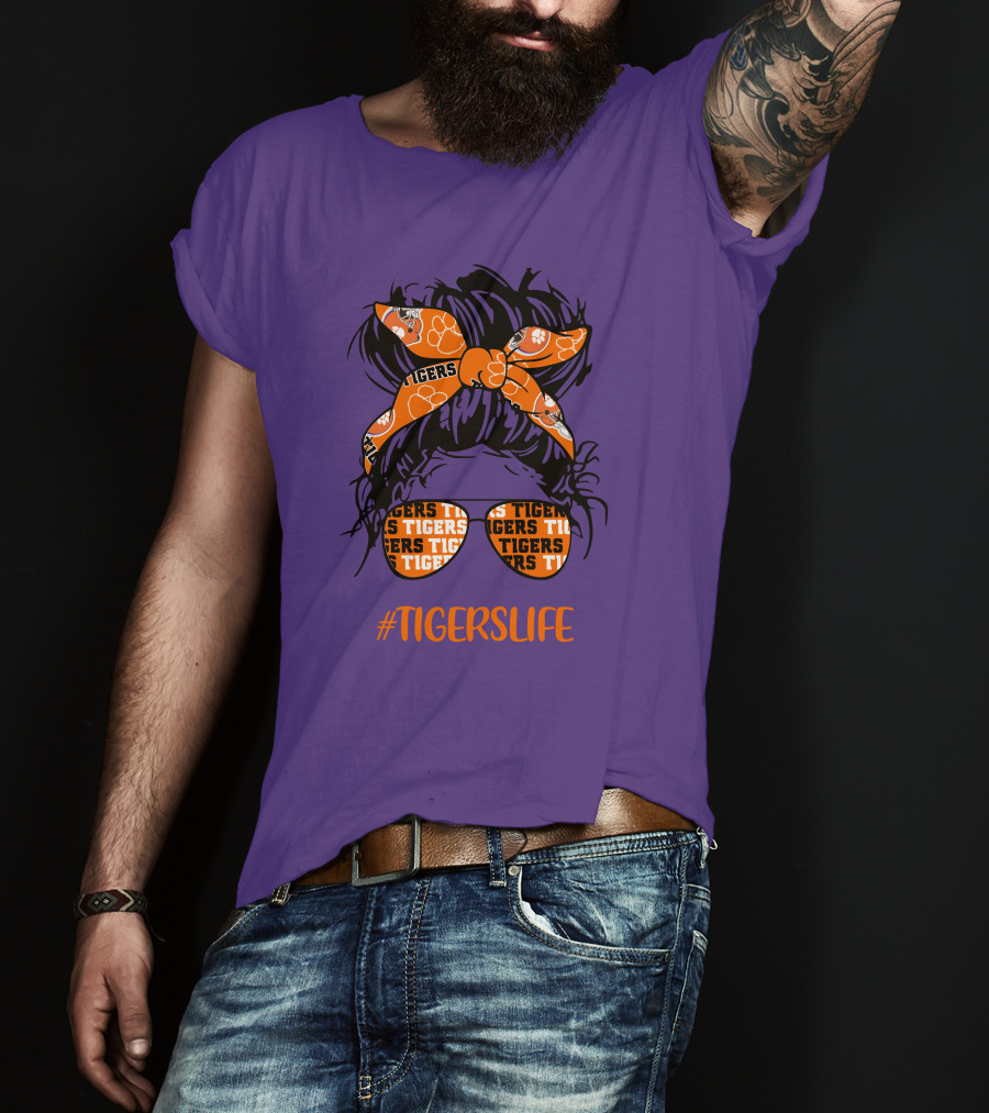 TigersLife Clemson Tigers Messy Bun Girl With Headband And Glasses T-Shirt