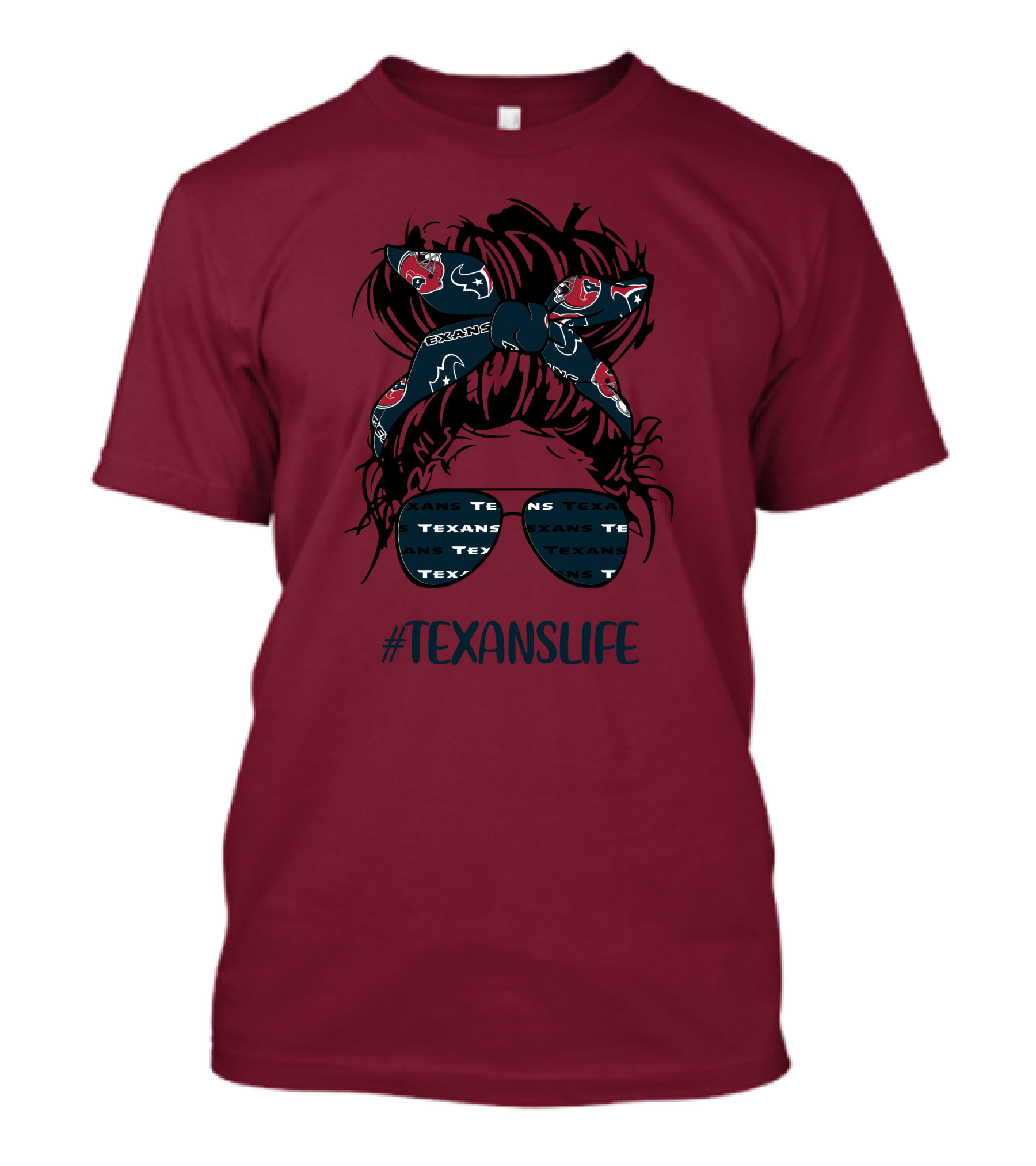 Houston Texans Hashtag Texanslife Messy Bun Headband Glasses T-Shirt