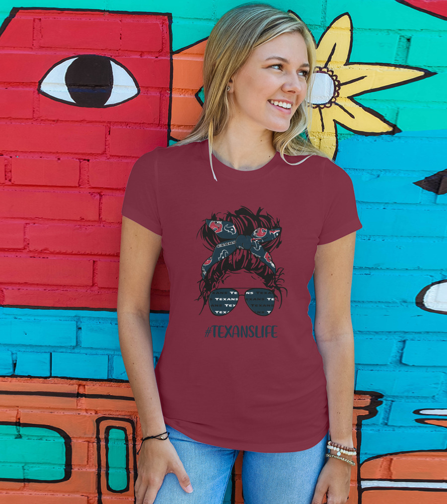 Houston Texans Hashtag Texanslife Messy Bun Headband Glasses T-Shirt