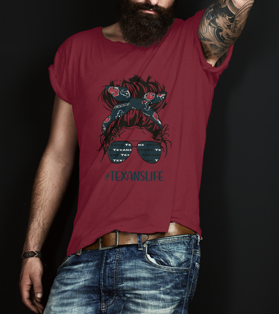 Houston Texans Hashtag Texanslife Messy Bun Headband Glasses T-Shirt