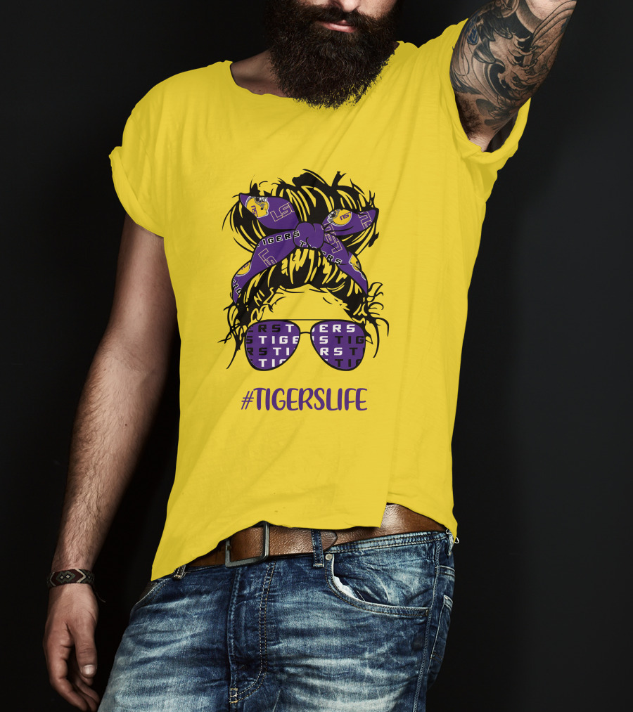 TIGERSLIFE LSU Messy Bun Girl Headband Glasses T-Shirt