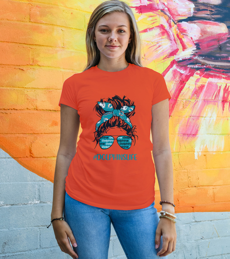 Miami Dolphins Life Messy Bun Girl Headband Glasses #DolphinsLife T-Shirt